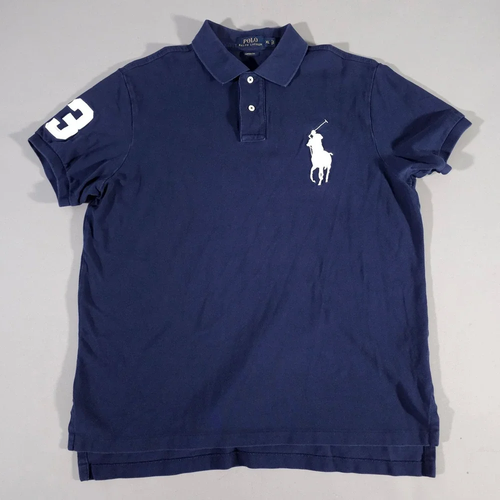Polo Ralph Lauren Polo Shirt Mens XL Navy Blue Big Pony Custom Fit 3 Patch